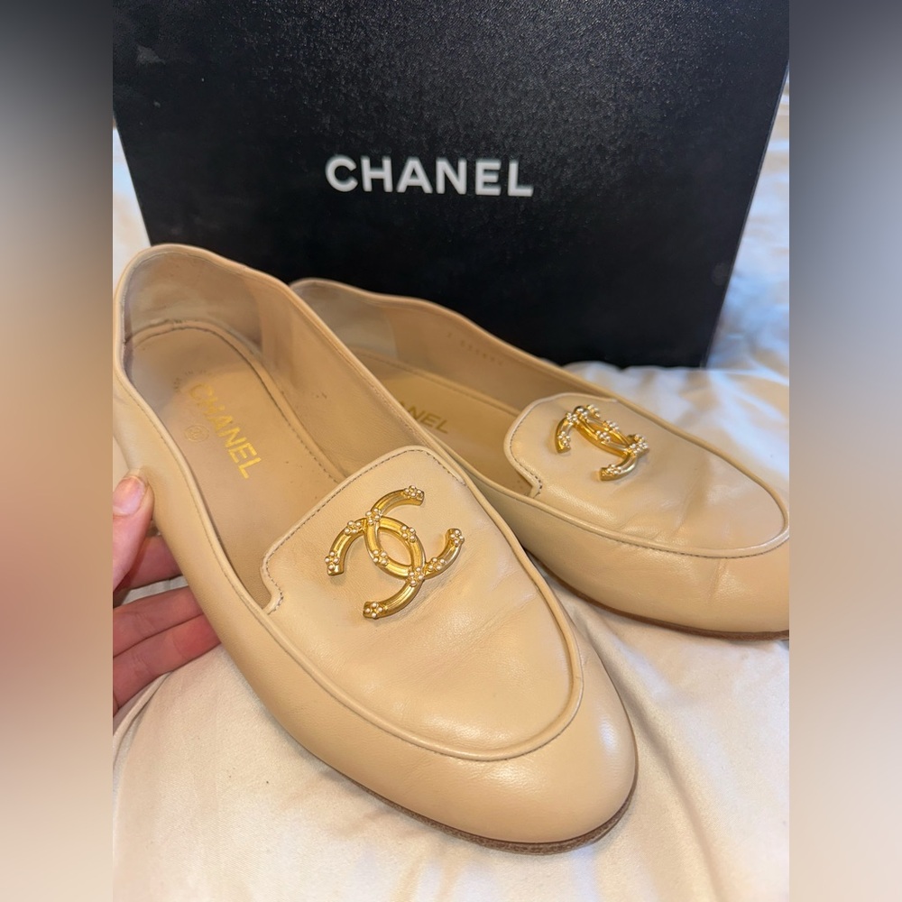 Chanel Beige Lambskin Loafers W/ Gold and Pearl CC Hardware-Pristine Condition